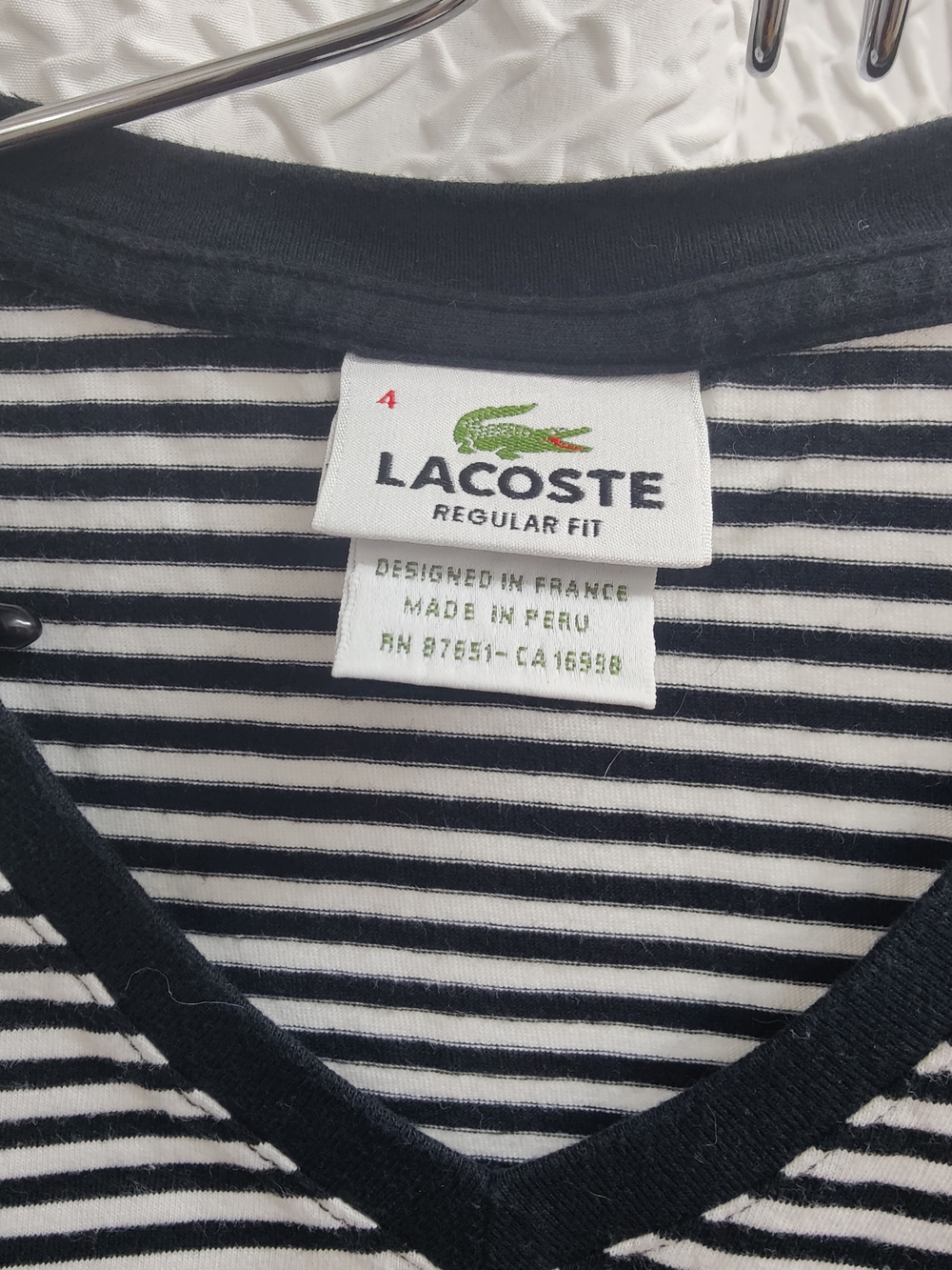 Lacoste Black and White Striped Crew Neck Tee